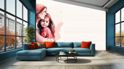 Mother's day - illustration of mom and daughter hugging each other with copy space for text, Generative ai. Wall mural