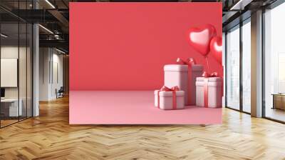 Pink heart balloon and present on isolated pink background for Valentines day, Generative ai Wall mural