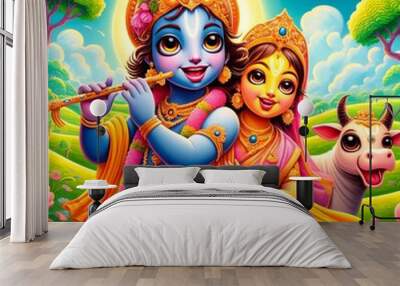 Shree Krishna and Radha, Painting, Generative ai Wall mural