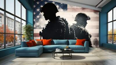 US army soldier silhouettes against the American flag, generative ai Wall mural