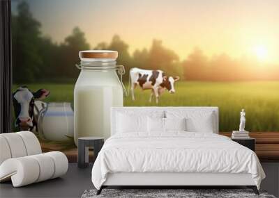 World Milk Day, Milk bottle or Jar on wooden table, Generative Ai Wall mural