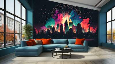 Impressionistic Painting of Fireworks over a City Filled with Skyscrapers Wall mural