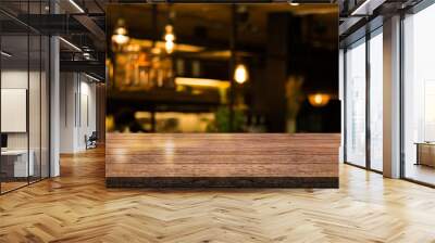 Empty old wood table top with bokeh coffee shop interior background, 3D Rendering Wall mural