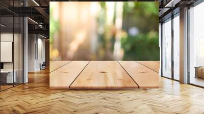 Empty old wood table top with bokeh coffee shop interior background Wall mural