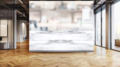 Empty white marble stone table top and blur interior cafe and restaurant. Wall mural