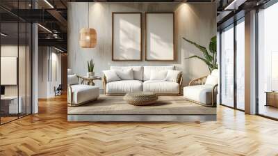 Minimalistic living room with white furniture, green plants, and natural light. Wall mural