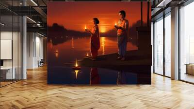 Serene scene at sunset showing people standing by a river, performing Chhath Puja rituals with the sun setting in the background Wall mural