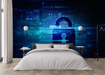 2d illustration Safety concept: Closed Padlock on digital background Wall mural