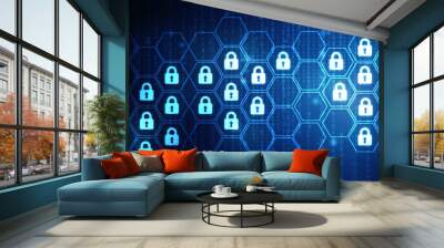 2d illustration Safety concept: Closed Padlock on digital background Wall mural