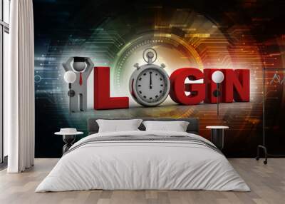 3d login illustration with stopwatch near graduate man
 Wall mural