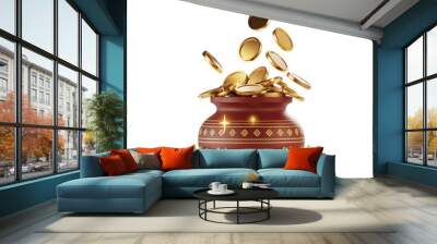 Pot with gold coins, isolated background for Dhanteras and Akshaya Tritiya Wall mural