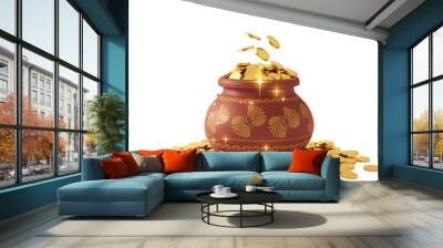 Pot with gold coins, isolated background for Dhanteras and Akshaya Tritiya Wall mural