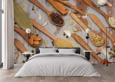 Aromatic spices on wooden spoons. Food ingradients.


 Wall mural