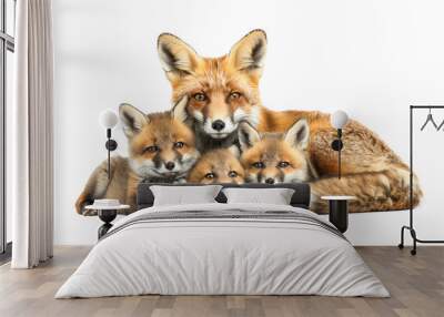 Mother Fox Resting with Adorable Fox Cubs on White Background Wall mural