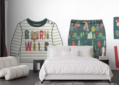 Collection of nature and camping themed clothes for babies. Cardigan, t shirt, pants set. Nordic style baby clothing design Wall mural