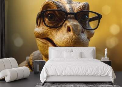 A Dinosaur Wearing Glasses on a Yellow Background. Wall mural