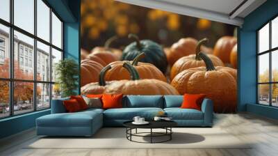 Autumn Halloween pumpkins Orange pumpkins over bright autumnal nature background, with copy space. Wall mural