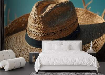 Close-up of straw hat with frayed edge on bright background. Wall mural