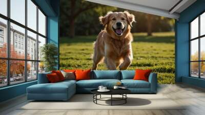 Funny Golden Retriever dog playing with a ball outside on the background of a green park with a sunlit field, Pet Games, Dog Sports, Active Lifestyle, Pet Health, Horizontal banner. Wall mural