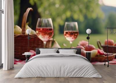 Glasses of delicious rose wine, food and basket on picnic blanket outdoors. Wall mural