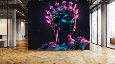 Neon-lit classical statue with a glowing crown. Wall mural