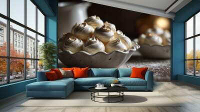 Professional food photography of delicious meringue cookies displayed on a stylish kitchen table. Wall mural