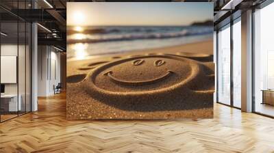 Smiley face drawn in sand on beach with sun and waves in background. Wall mural