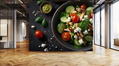 Tasty appetizing fresh salad with chicken, tomatoes, cucumbers, pesto sauce and cheese feta in bowl on black background View from above Horizontal with copy space. Wall mural