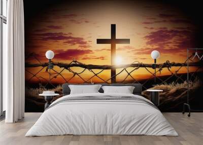 ﻿On Good Friday Jesus Christ broke down wire barriers at Calvary with a sunset backdrop. On Easter this symbolizes He is Risen. AI Generation Wall mural