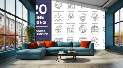 Business intelligence related icons. BI icons. Business intelligence tools vector icons. Technology, data modeling, analysis, research, benchmarking and others. Editable Stroke Wall mural