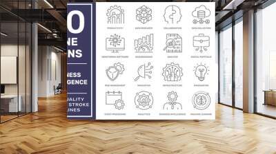 Business Intelligence - thin line vector icon set. The set contains icons: Business Strategy, Big Data, Solution, Briefcase, Research, Data Mining, Accountancy. Editable stroke Wall mural