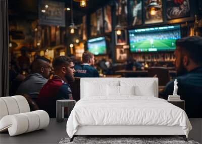 A group of friends sitting at a table in a bar and watching football on big screen. Wall mural