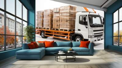 A large truck loaded with cargo shipments. White isolated Wall mural