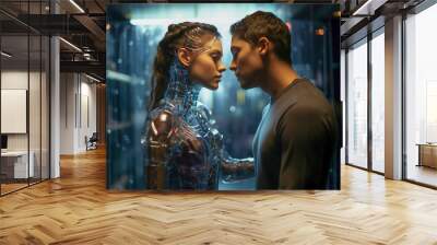 A man and a hologram digital woman standing next to each other. Hologram picture. Wall mural