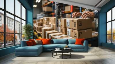 A man working on a machine for printing labels and barcode on boxes in a warehouse. Wall mural