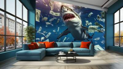 A shark with its mouth open surrounded by a lot of money scattered under the water. Business metaphor. Wall mural