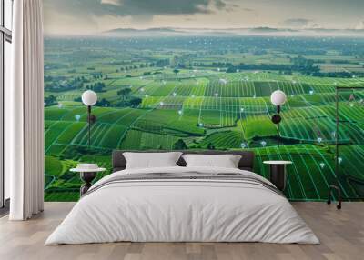 A smart agriculture scene with sensors and drones monitoring crop health and irrigation levels in a field. Wall mural