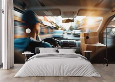 Courier van interior, package delivery and driver in transportation for online shopping services. Wall mural