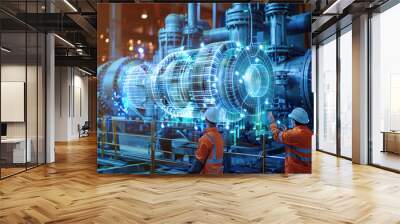 Factory workers examine digital twin model for machinery optimization in manufacturing plant. Wall mural