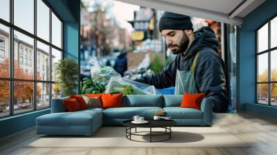 Food Rescuing Initiatives, Volunteer collecting surplus food from market for redistribution Wall mural