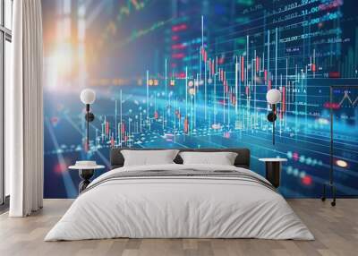 Graph, chart and hologram of stock market, financial management and investment profit tracking. Wall mural