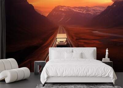 Truck Transportation Through Sky-High Landscape. Sunset Wall mural