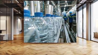 Worker sealing containers filled with spring water, conveyor belt in motion, bottles labeled for distribution Wall mural