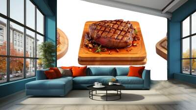 a wooden plate of beef steak grilled with sauce collection isolated on transparent background Wall mural