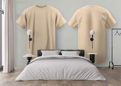 Beige male t-shirt realistic mockup set from front and back view, blank textile print design template for fashion apparel. Created with Generative AI Technology Wall mural