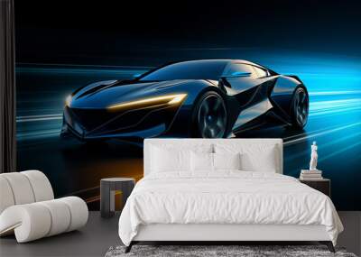 black sports or luxury car wallpaper with a fantastic blue light effect background Wall mural