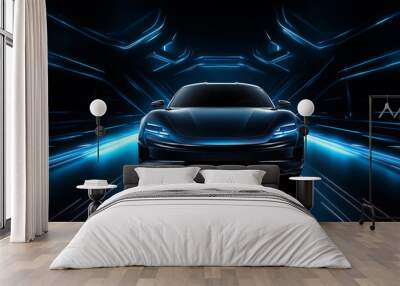 black sports or luxury car wallpaper with a fantastic blue light effect background Wall mural