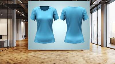 Blue female t-shirt realistic mockup set from front and back view, blank textile print design template for fashion apparel. Created with Generative AI Technology Wall mural