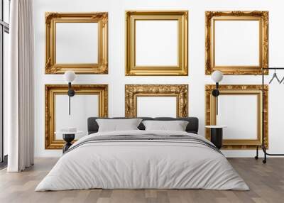 Collection of antique gold picture square frames isolated on a transparent background, PNG Wall mural