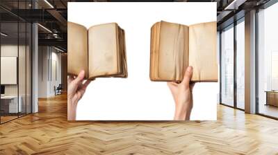 Collection of hand holding open old antique books isolated on a transparent background, PNG Wall mural